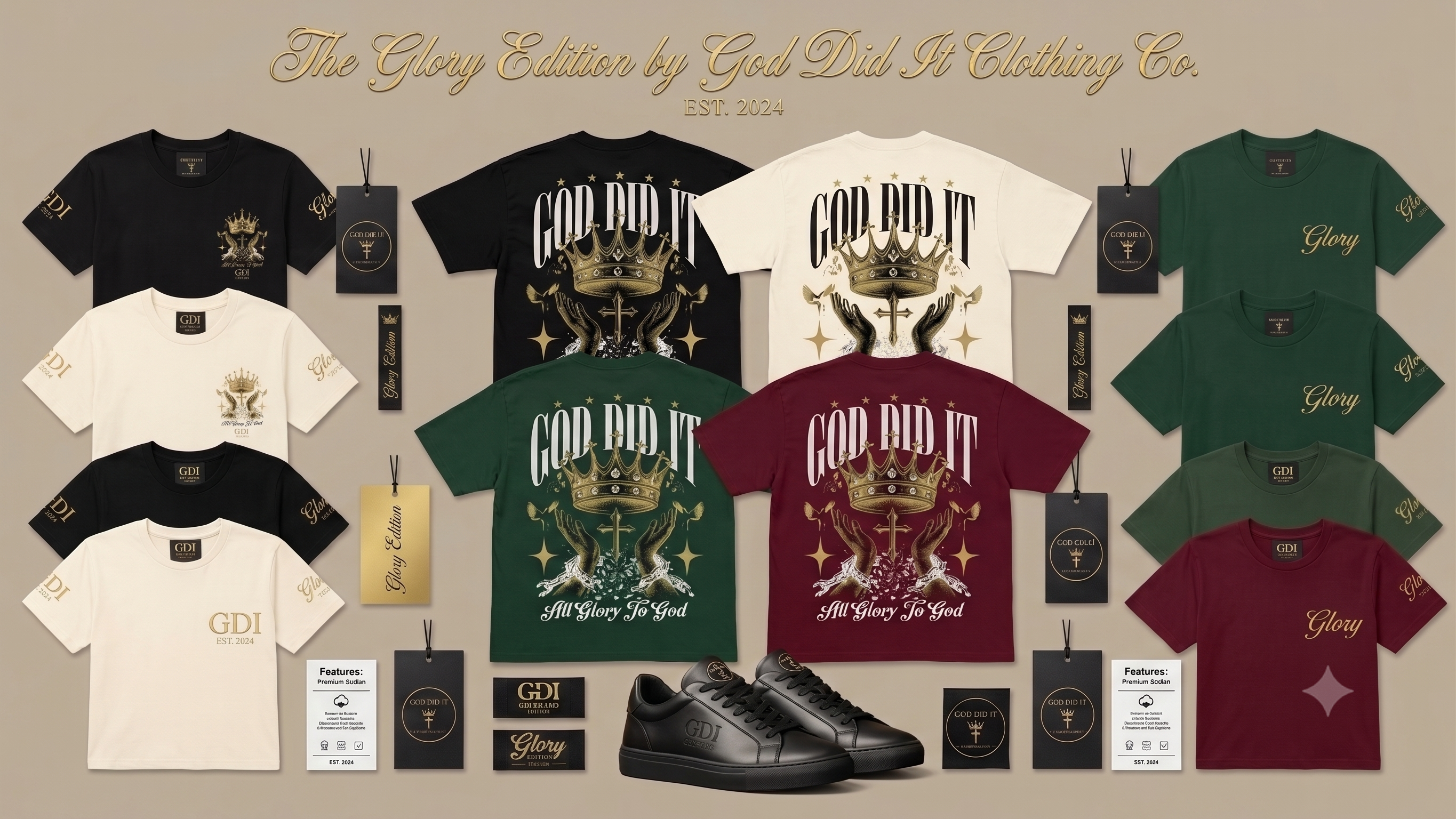 The Glory Edition by God Did It Clothing Co. — tees, hangtags, woven labels and sneakers laid out together