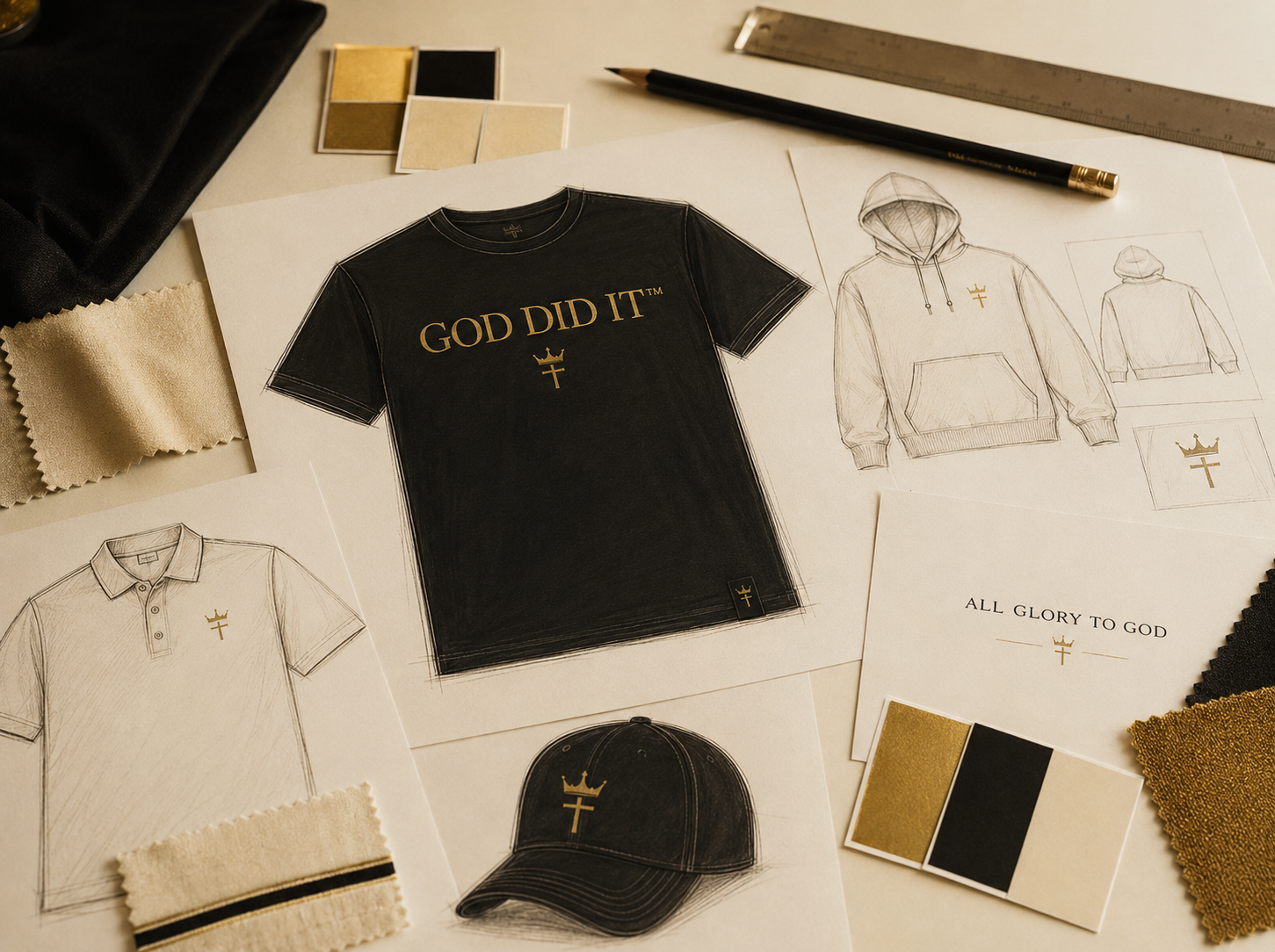 Design studio flatlay: hand sketches of a hoodie, polo and cap beside a black GOD DID IT tee, gold and cream fabric swatches, pencil and ruler