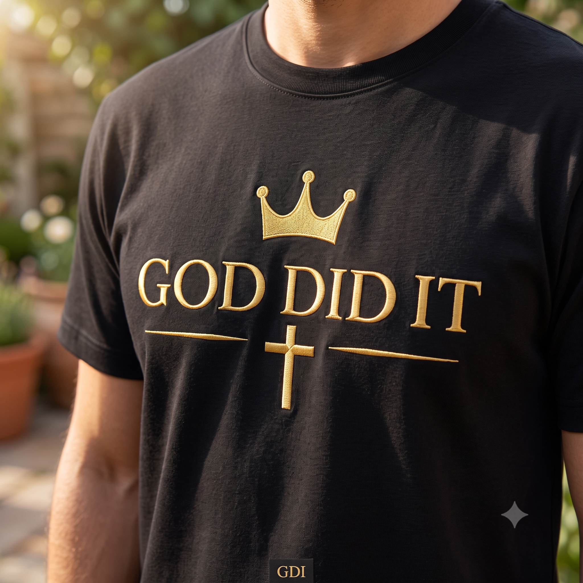 Black tee with gold embroidered crown, GOD DID IT wordmark and cross on the chest