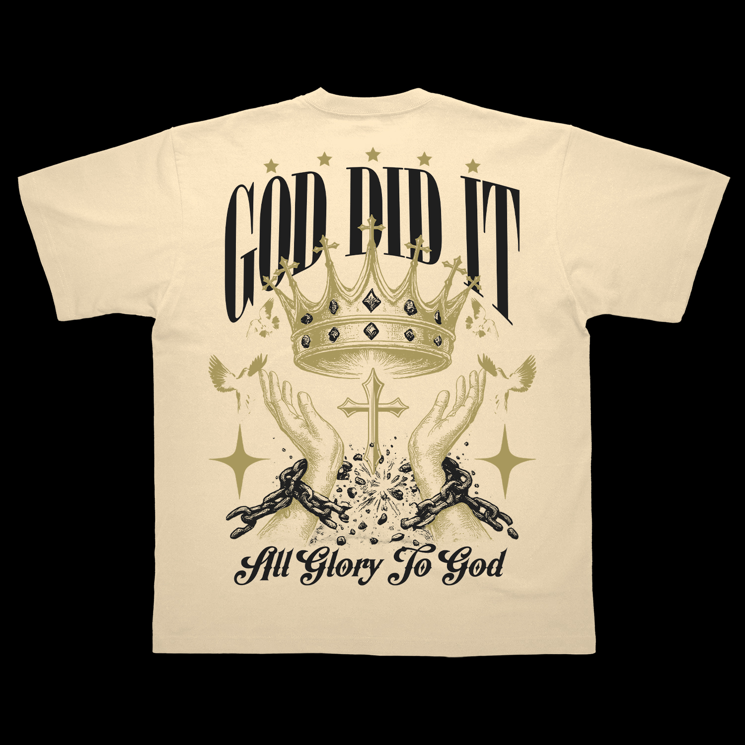 Woman wearing a black GOD DID IT CLOTHING t-shirt with the crown and testimony graphic on the back