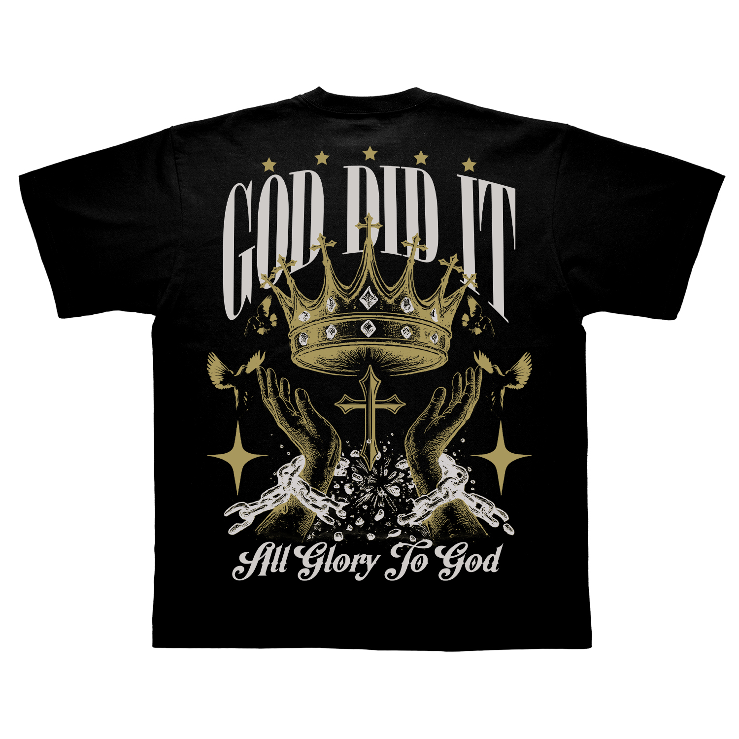 Model wearing a black GOD DID IT CLOTHING t-shirt with a large gold crown and testimony graphic across the back