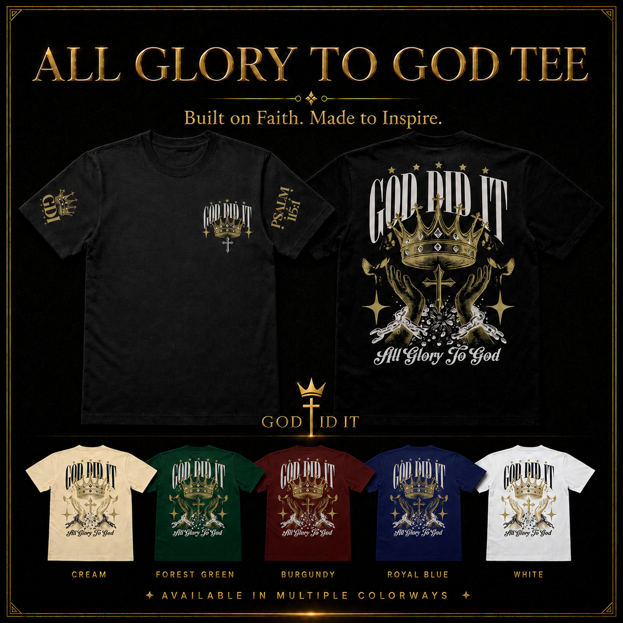 All Glory To God tee shown front and back in black, plus cream, forest green, burgundy, royal blue and white colorways