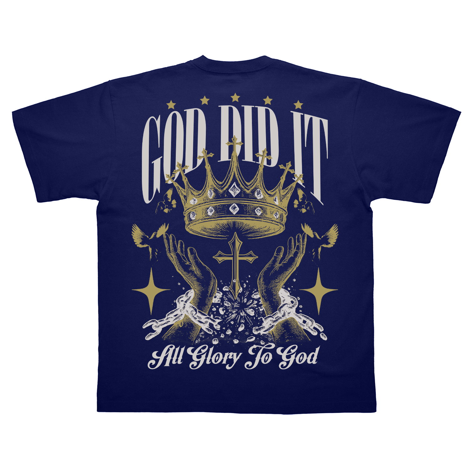 GOD DID IT CLOTHING t-shirt designs shown front and back in black, ivory and white colorways